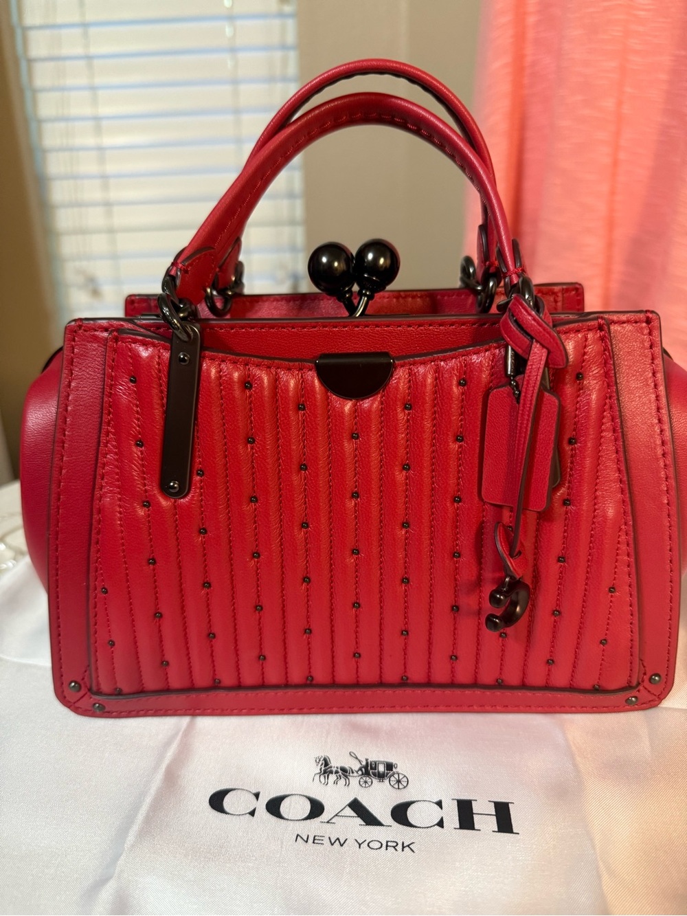 Coach Red Leather Studded Top-Handle Kiss Lock Satchel Mini Tote NWT.